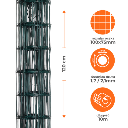 Siatka ogrodzeniowa zgrzewana powlekana PVC 1,2x10m zielona oczko 100x75mm