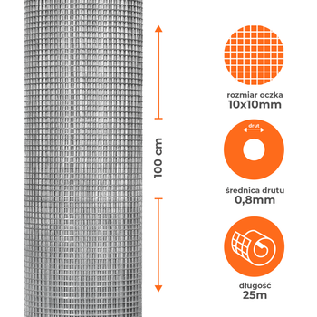 Siatka zgrzewana ocynkowana 1x25m, oczko 10x10mm, drut 0,8mm