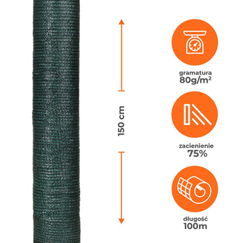 Tkanina cieniująca siatka osłonowa 1,5x100m 75% 80g zielona