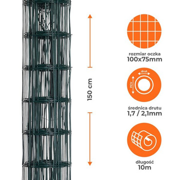 Siatka ogrodzeniowa zgrzewana powlekana PVC 1,5x10m zielona oczko 100x75mm