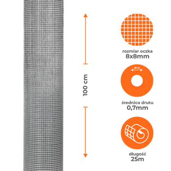 Siatka zgrzewana ocynkowana 1x25m, oczko 8x8mm, drut 0,7mm