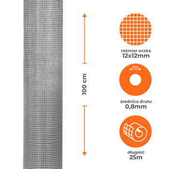 Siatka zgrzewana ocynkowana 1x25m, oczko 12x12mm, drut 0,8mm