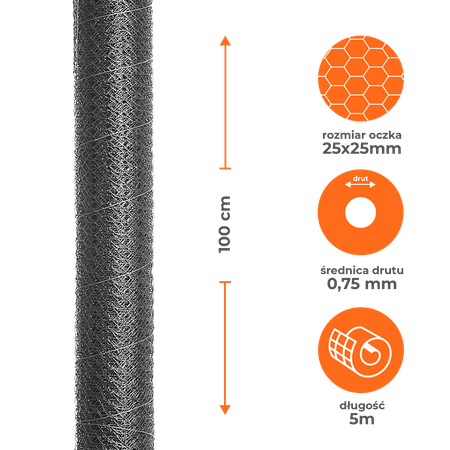 Siatka heksagonalna ocynkowana 1x5m, oczko 25x25mm drut 0,75mm