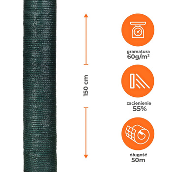 Tkanina cieniująca siatka osłonowa 1,5x50m 55% 60g zielona
