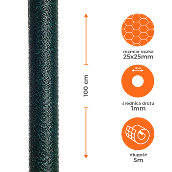 Siatka heksagonalna ocynkowana powlekana PVC zielona 1x5m oczko 25x25mm drut 1mm