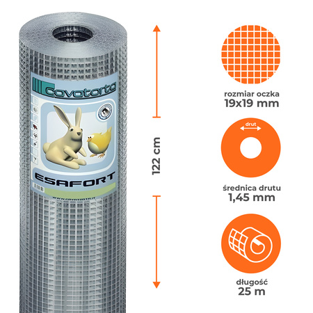 Siatka metalowa zgrzewana Esafort CAVATORTA rolka 1,22x25m, oczko 19x19mm, drut 1,45mm