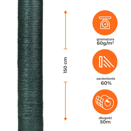 Tkanina cieniująca siatka osłonowa 1,5x50m 55% 60g zielona