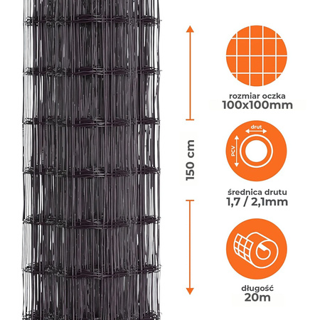 Siatka ogrodzeniowa zgrzewana powlekana PVC 1,5x20m antracyt oczko 100x100mm