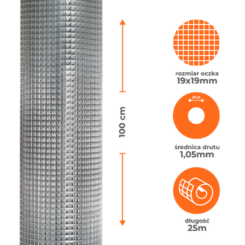 Siatka zgrzewana ocynkowana 1x25m, oczko 19x19mm, drut 1,05mm