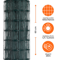 Siatka ogrodzeniowa zgrzewana powlekana PVC 0,6x25m zielona oczko 100x75mm