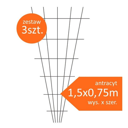 Podpora ogrodowa trójkątna kratka metalowa do roślin 150x75/15cm antracytowa - zestaw 3 szt.