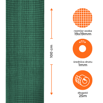 Siatka zgrzewana ocynkowana 1x25m, oczko 19x19mm, drut 1mm
