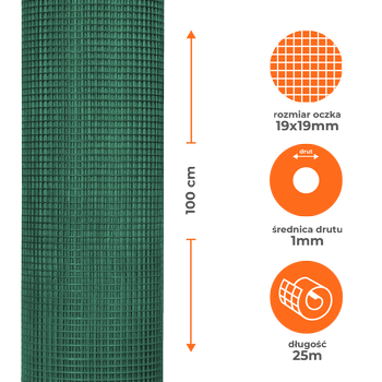 Siatka zgrzewana ocynkowana powlekana PVC 1x25m, oczko 19x19mm, drut 1mm