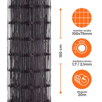 Siatka ogrodzeniowa zgrzewana powlekana PVC 1,5x20m antracyt oczko 100x75mm