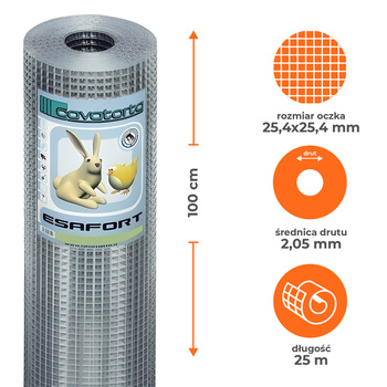 Siatka metalowa zgrzewana Esafort CAVATORTA rolka 1x25m, oczko 25,4x25,4mm, drut 2,05mm