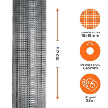 Siatka zgrzewana ocynkowana 1x25m, oczko 19x19mm, drut 1,45mm