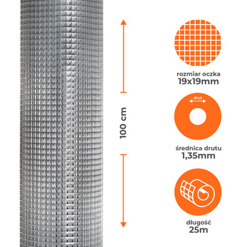 Siatka zgrzewana ocynkowana 1x25m, oczko 19x19mm, drut 1,35mm