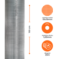 Siatka zgrzewana ocynkowana 1,5x25m, oczko 19x19mm, drut 1,05mm