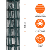 Siatka ogrodzeniowa zgrzewana powlekana PVC 1,5x10m zielona oczko 100x100mm