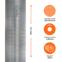 Siatka zgrzewana ocynkowana 1x25m, oczko 25x25mm, drut 1,8mm