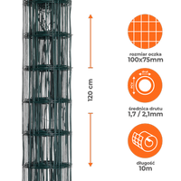 Siatka ogrodzeniowa zgrzewana powlekana PVC 1,2x10m zielona oczko 100x75mm