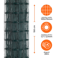 Siatka ogrodzeniowa zgrzewana powlekana PVC 1,5x25m zielona oczko 100x75mm