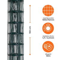 Siatka ogrodzeniowa zgrzewana powlekana PVC 1,5x10m zielona oczko 100x75mm